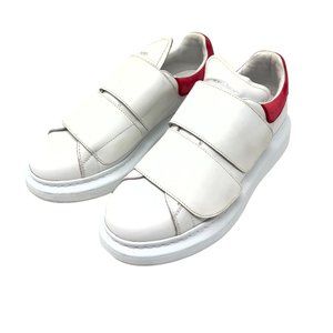 Alexander McQueen Velcro Strap Sneakers: White Leather w/ Red Heel